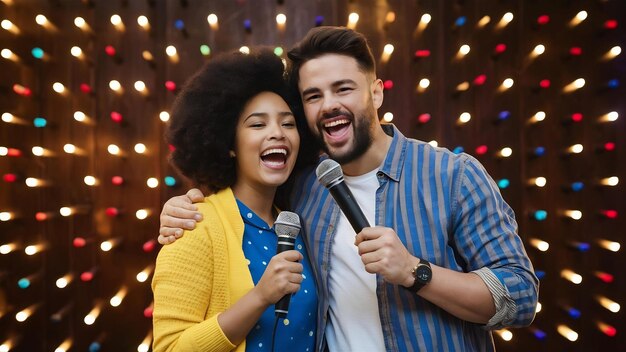 Retrato feliz de um casal segurando um microfone e cantando uma canção