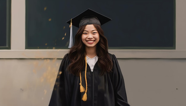 Retrato de feliz día de graduación de la escuela secundaria de la hermosa chica asiática americana