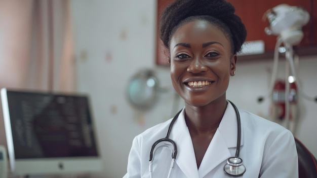 Retrato feliz de una doctora afroamericana con un estetoscopio en su oficina en la clínica