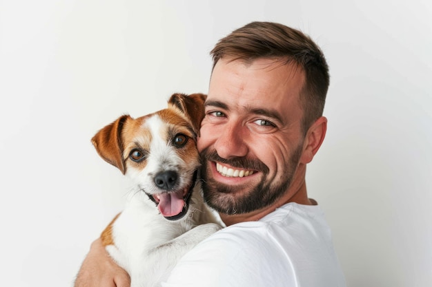 El retrato del feliz dueño masculino con su pequeño perro lindo abrazado en un espacio de copia de fondo blanco