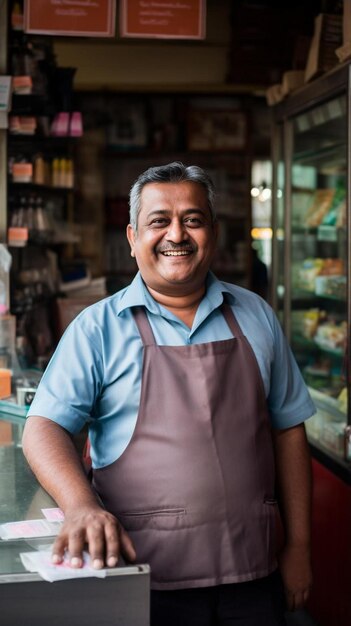 Foto retrato del feliz dueño de la tienda de pie en la entrada