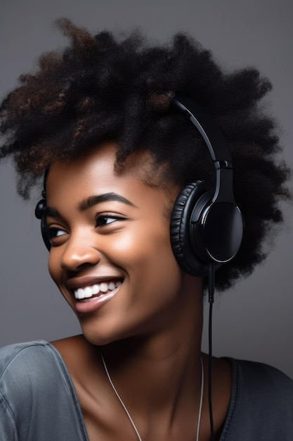 retrato feliz e mulher negra com fone de ouvido de música no rosto em estúdio isolado em um fundo cinza criado com ai generativo