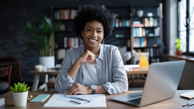 Retrato de un feliz empresario negro trabajando hasta tarde en informes de negocios y mirando a la cámara en el