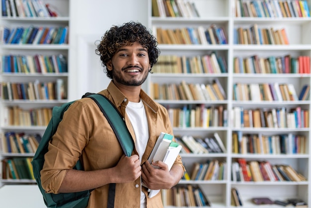 Retrato de feliz estudiante afroamericano satisfecho con chico de pelo rizado con libros y mochila