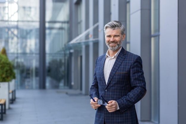 Retrato de feliz y exitoso hombre de negocios de pelo gris sonriente con traje de negocios parado afuera