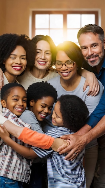Retrato de una feliz familia multiétnica abrazando a niños adoptados que se unen