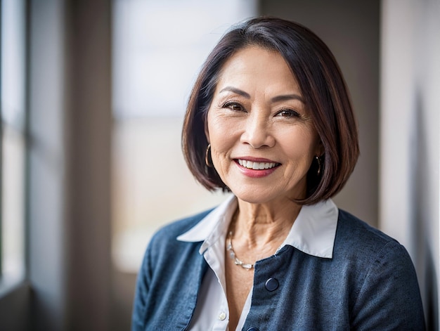 Retrato de una feliz y hermosa mujer filipina jubilada con una sonrisa dental