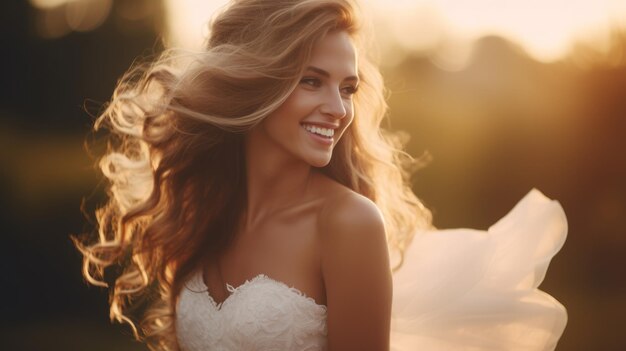 Retrato de feliz hermosa novia en el día de la boda