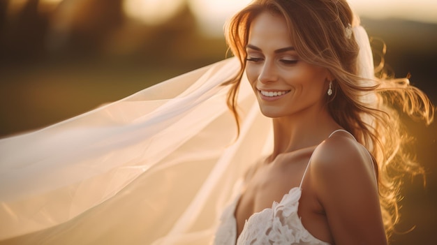 Retrato de feliz hermosa novia en el día de la boda