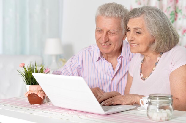 Retrato de feliz hermosa pareja senior usando laptop en casa