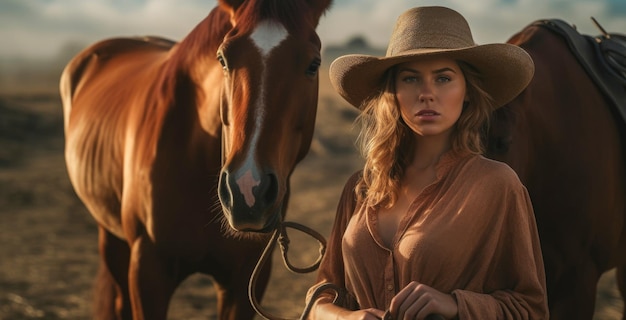 Retrato feliz y hermoso de una vaquera campesina con su caballo de confianza que encarna la conexión laboral con la tierra y el estilo de vida rural Elegante IA cinematográfica generativa