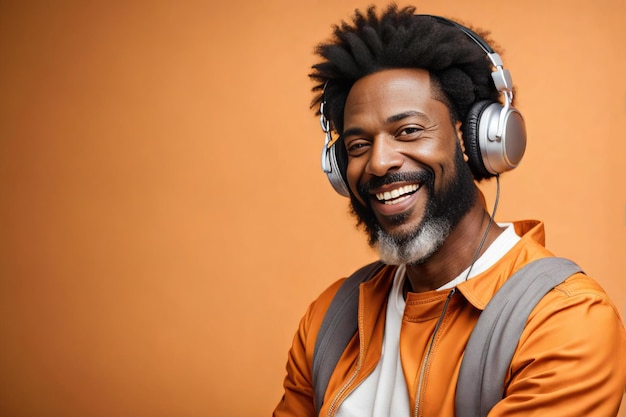 Retrato de un feliz hombre barbudo de mediana edad con auriculares hombre afroamericano escuchando música