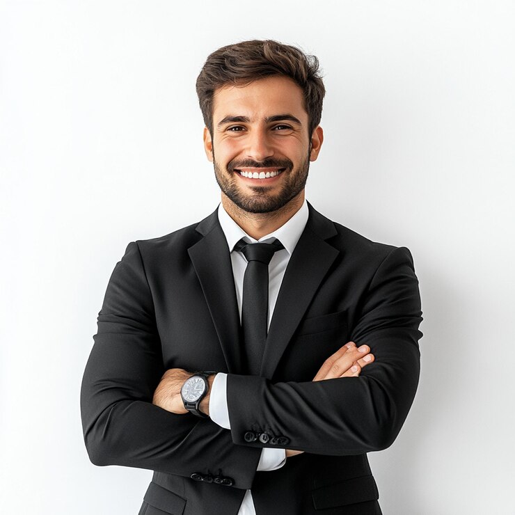 Un retrato de un feliz hombre de negocios con los brazos cruzados en un fondo blanco
