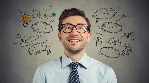 Retrato de un feliz hombre de negocios con gafas soñando