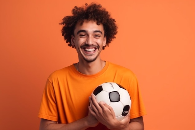 retrato, de, un, feliz, joven, tenencia, pelota de fútbol