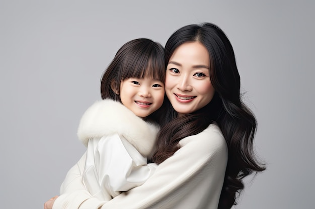 Retrato de una feliz madre asiática y su hija posando en el estudio alegre hija pequeña asiática abrazando a la feliz madre aislada en gris AI generado