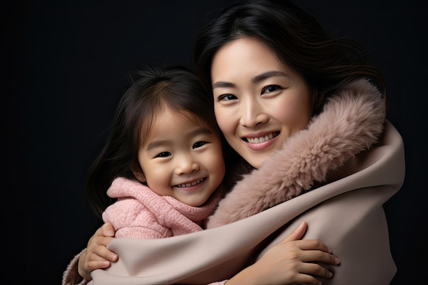 Retrato de feliz madre e hija asiáticas abrazándose aisladas en fondo negro alegre hija pequeña asiática abrazando a madre feliz aislada en gris AI generado