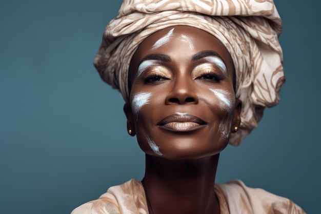 Retrato de una feliz mujer africana de cincuenta años con crema blanca en la cara contra un fondo oscuro