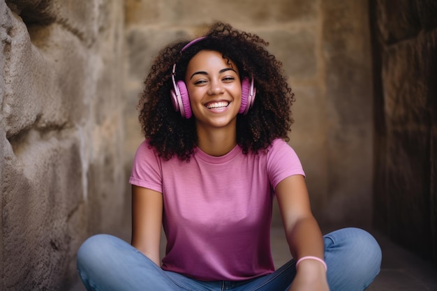 retrato de una feliz mujer afroamericana con auriculares apoyados contra la pared