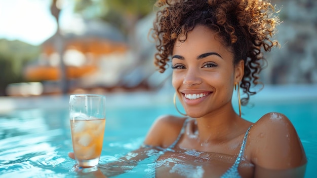 Retrato de una feliz mujer afroamericana en la piscina con un cóctel