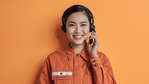 Retrato de una feliz mujer asiática sonriente, operadora de telemarketing en uniforme de entrega naranja con headph