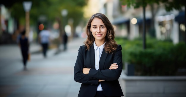 Retrato de una feliz mujer emprendedora con los brazos cruzados mirando a la cámara en la calle joven dama de negocios con sonrisa y brazos cruzados aislada en el fondo urbano con espacio de copia