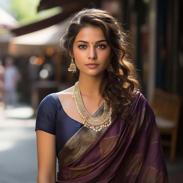 Retrato de una feliz mujer india modelo en sari IA generativa