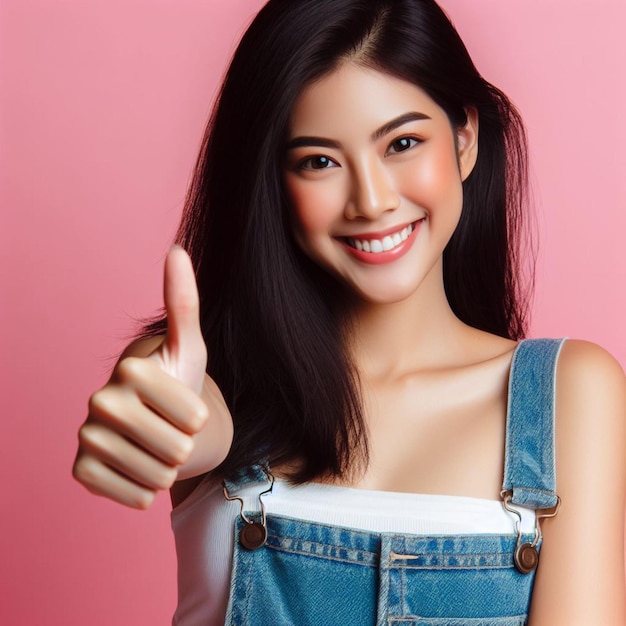 Retrato feliz mujer linda asiática muestra el pulgar hacia arriba y mirando a la cámara sobre fondo rosa