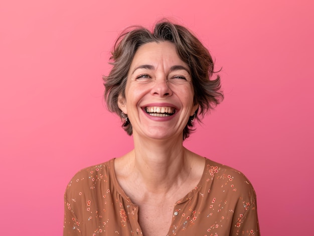 Retrato de una feliz mujer de mediana edad riéndose de fondo rosa foto de archivo
