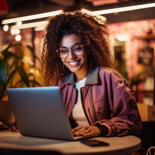 retrato de una feliz mujer de negocios exitosa usando una computadora portátil en una agencia creativa por la noche