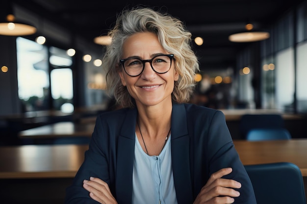 Retrato de una feliz mujer de negocios madura con gafas y mirando a la cámara en la oficina