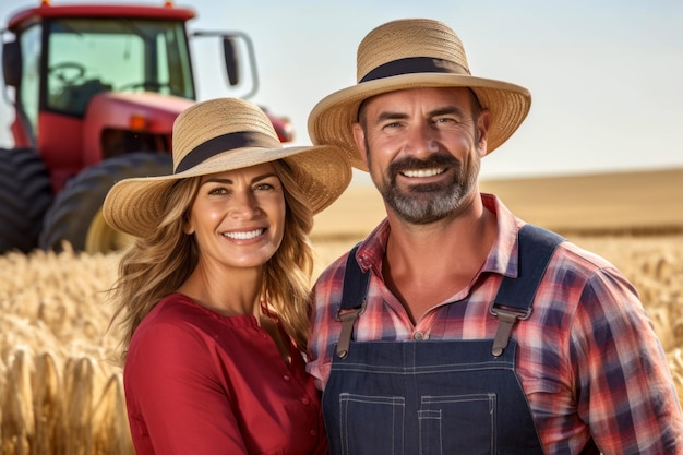 Un retrato de una feliz pareja adulta sonriente de granjeros locales parados en el contexto de un campo de trigo con un tractor rojo que se están preparando para la cosecha Concepto de ocupación rural AI generativa