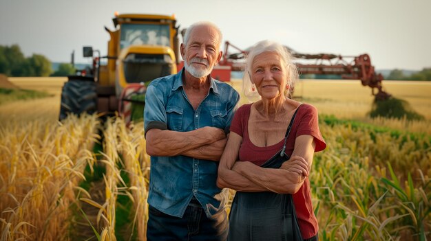 Foto retrato de una feliz pareja de agricultores mayores con los brazos cruzados y mirando a la cámara en el campo