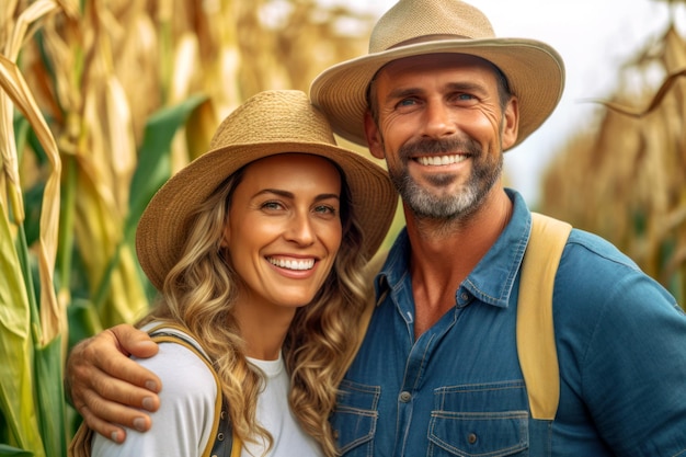 Retrato de una feliz pareja de agricultores de mediana edad de pie con el telón de fondo de un campo de maíz Felices agricultores locales en el campo Concepto de alimentos cultivados localmente IA generativa