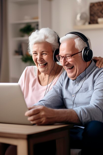 Foto retrato de una feliz pareja de ancianos con una computadora portátil haciendo una videoconferencia.