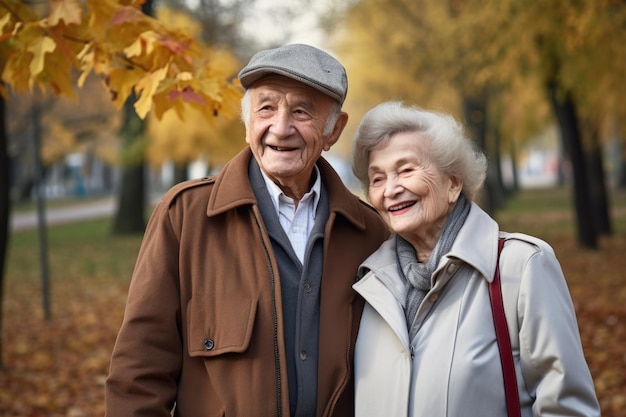 Retrato de una feliz pareja de ancianos dando un paseo juntos en el parque creado con IA generativa