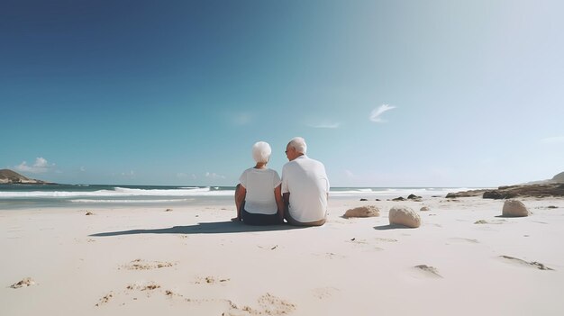 Retrato de una feliz pareja de ancianos descansando en una playa tropical IA generativa