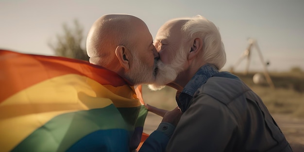 Retrato de feliz pareja de ancianos gay abrazándose y besándose en la calle Lgbt y concepto de amor AI generativa