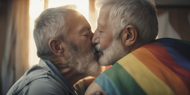 Foto retrato de feliz pareja de ancianos gay abrazándose y besándose en la calle lgbt y concepto de amor ai generativa