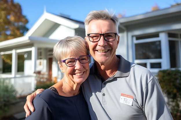 Retrato de una feliz pareja de ancianos de pie frente a su nueva casa