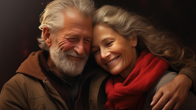 Retrato de una feliz pareja de estudiantes de último año abrazándose y mirando a la cámara AI generativa