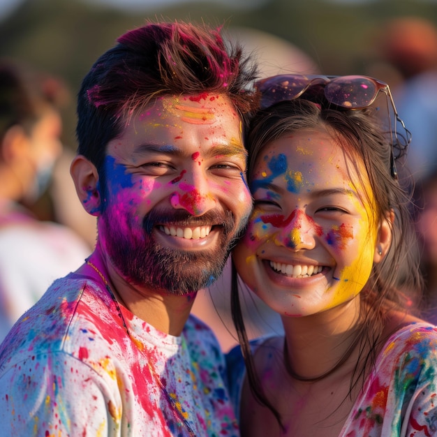 Retrato de una feliz pareja de hombre indio y mujer china en el festival de Holi en la India