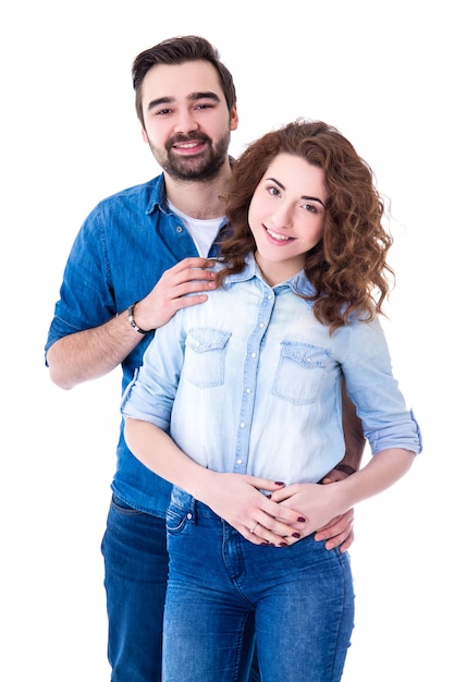 Retrato, de, feliz, pareja joven, aislado, blanco, plano de fondo