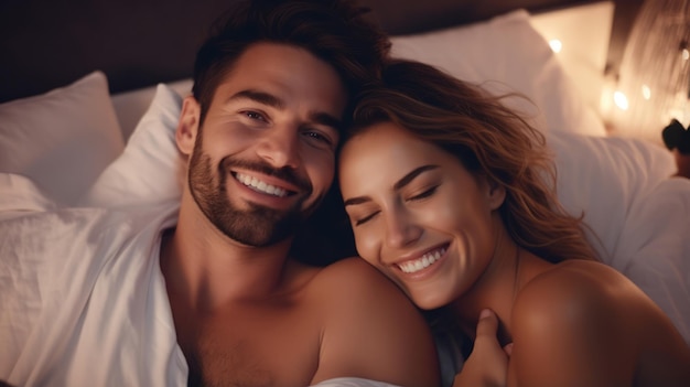 Un retrato de una feliz pareja joven que se relaja en una acogedora cama mirando a la cámara sonríe divertida