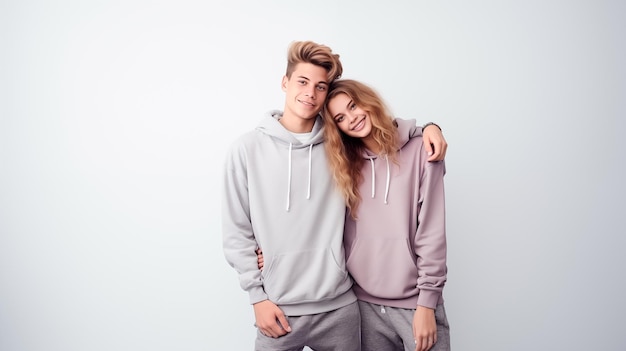 Retrato de una feliz pareja de jóvenes abrazados en sudaderas