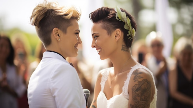 Foto retrato de una feliz pareja lgbt del mismo sexo durante su boda creado con tecnología de ia generativa