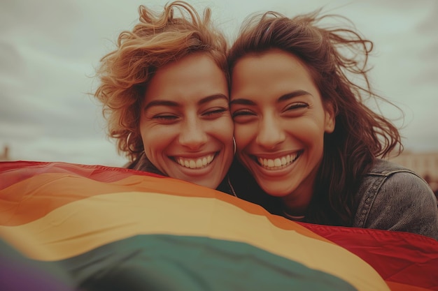 Foto retrato de una feliz pareja lgbtq lesbiana enamorada de la bandera del arco iris