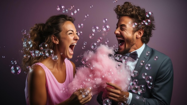 Retrato de una feliz pareja loca soplando burbujas de jabón sobre un fondo púrpura