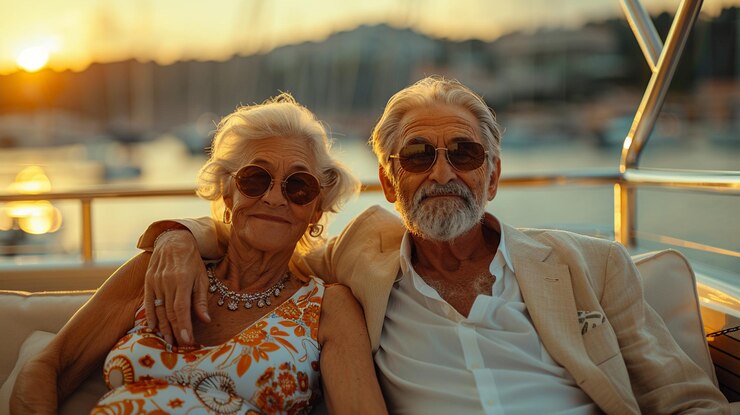 retrato de una feliz pareja madura enamorada en un barco