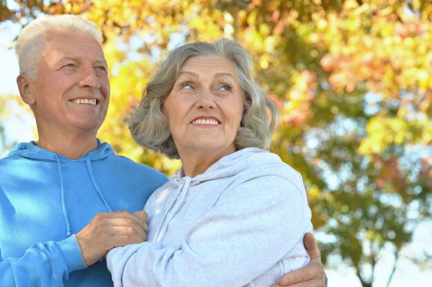 Retrato, de, un, feliz, pareja mayor, en, otoño, parque